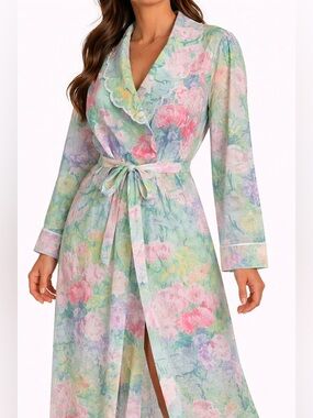 Vintage Saybury Pastel Floral Sheer Belted Lounge Robe Duster